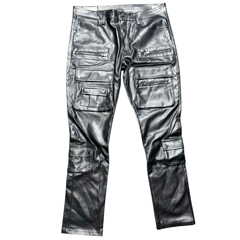 First Row Mens Black Faux Leather Cargo Pants Multi Pocket FRP2229 36x32